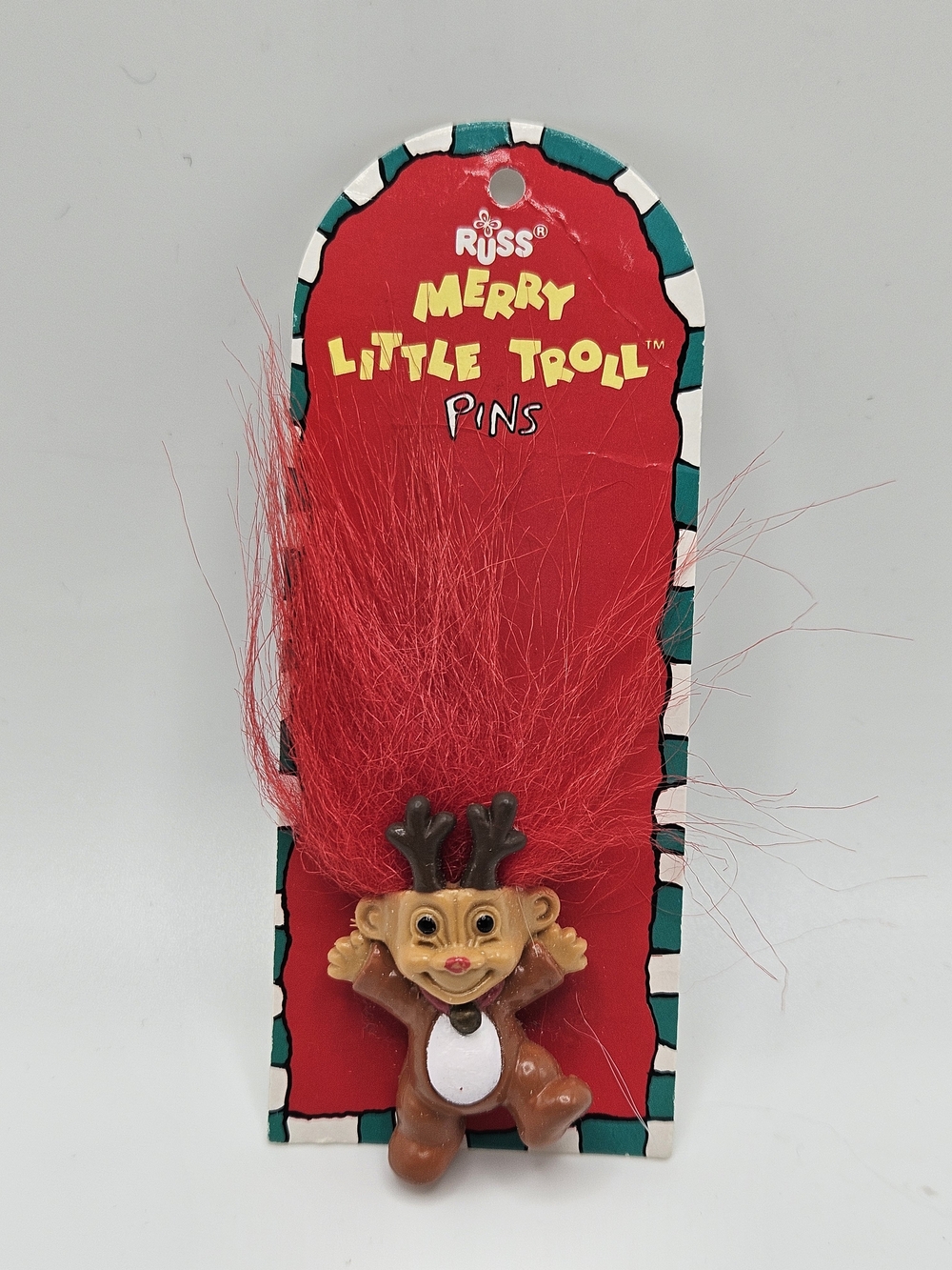 NEW VINTAGE Merry Little Troll Russ Christmas Red Hair Reindeer Pin Brooch VTG